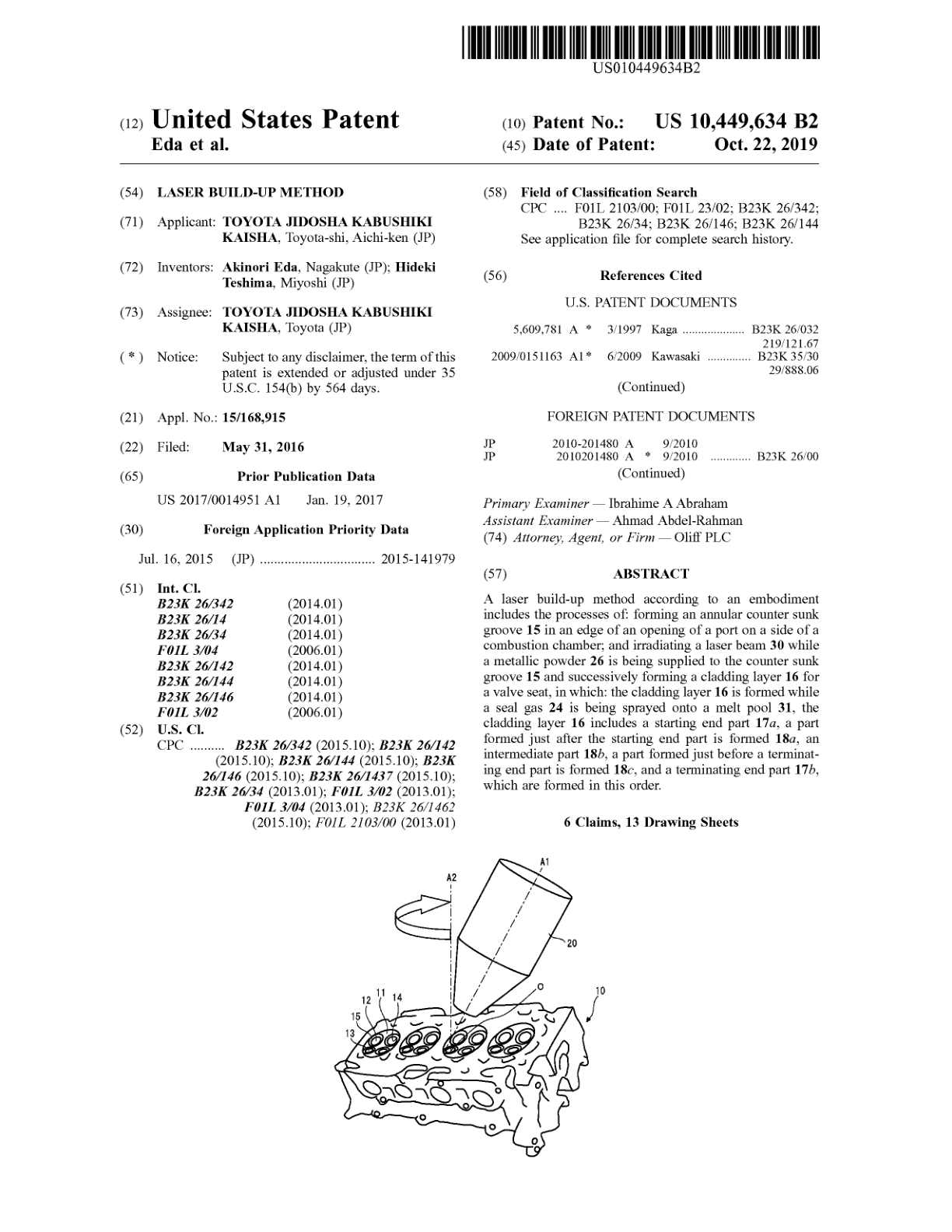 Front page of US Patent 10,449,634 B2, examined by Ahmad Abdel-Rahman as Assistant Examiner